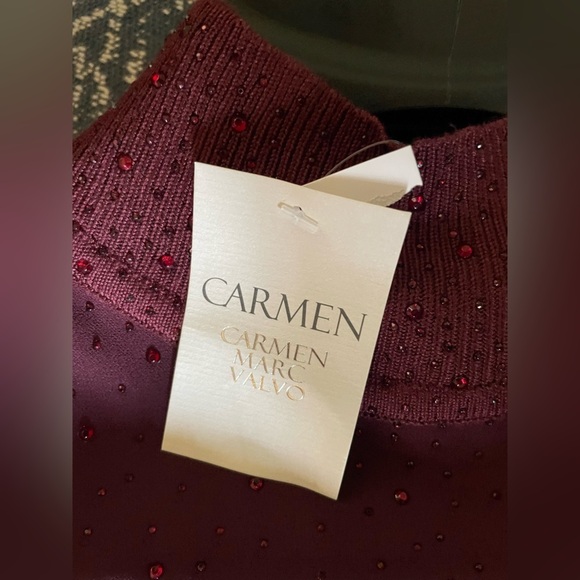 Carmen Marc Valvo Burgundy mock jeweled turtleneck sheer sleeveless top small - Picture 4 of 5